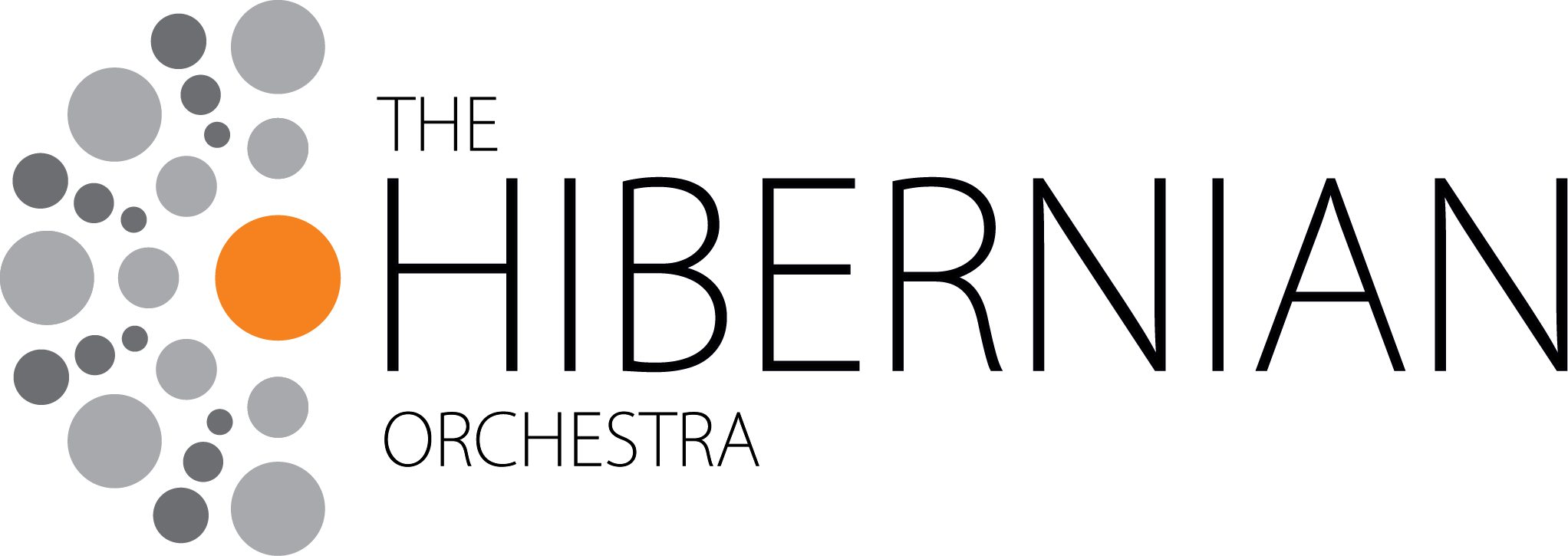 The Hibernian Orchestra logo with grey circular motif and orange centre circle on a white background.